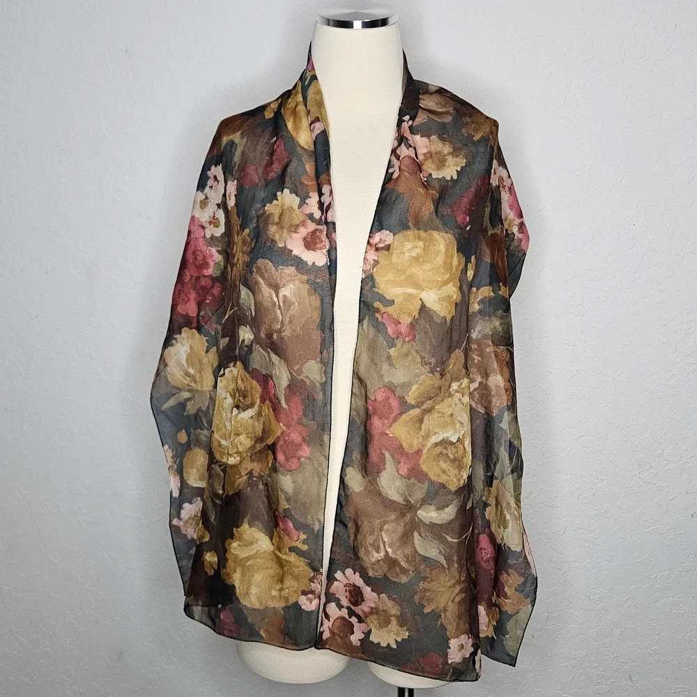 Romantic Floral Chiffon Scarf‎ Sheer Watercolor Roses Lightweight Wrap Shawl